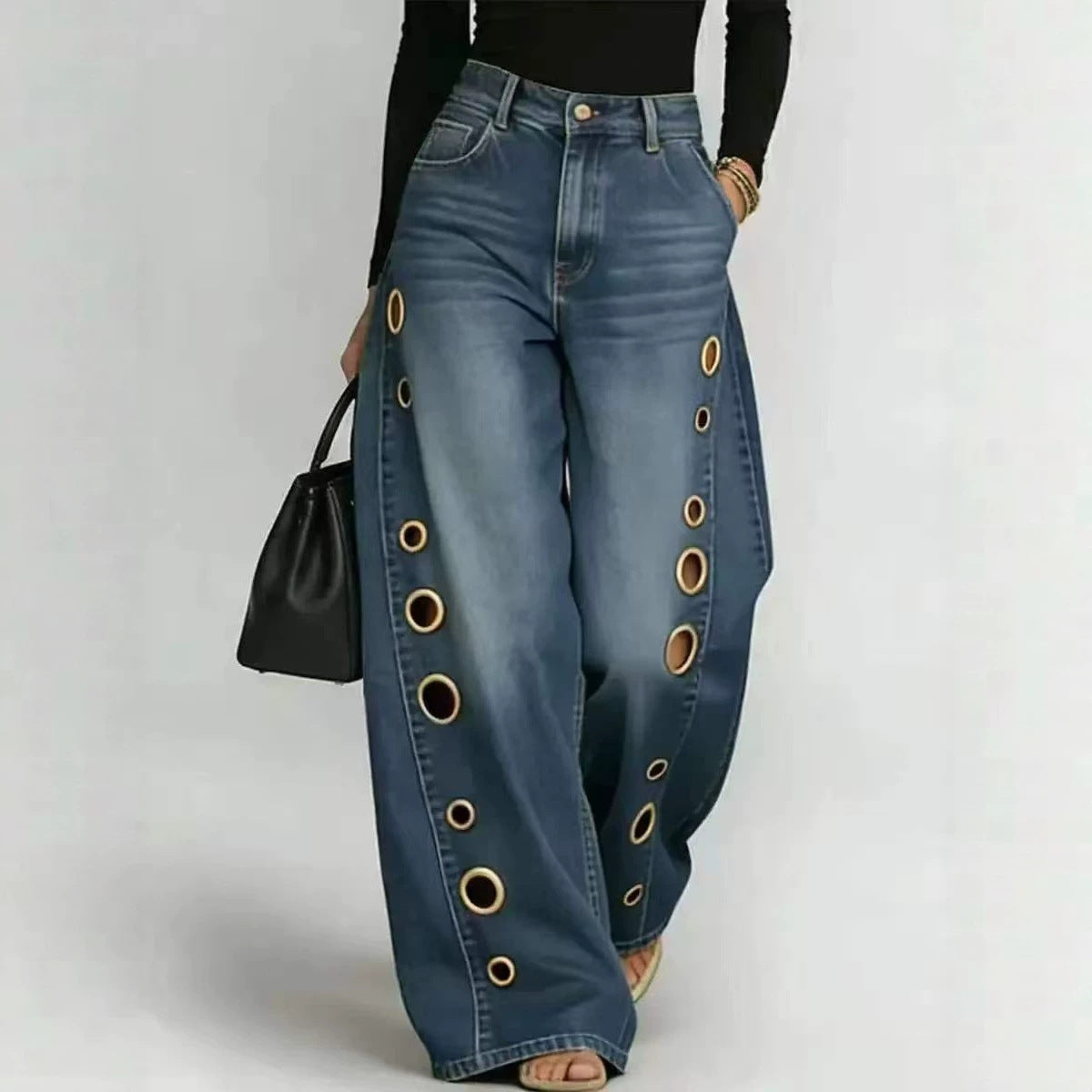Solid-Color Loose Metal Eyelets Style Medium Wash Denim Jeans Pants