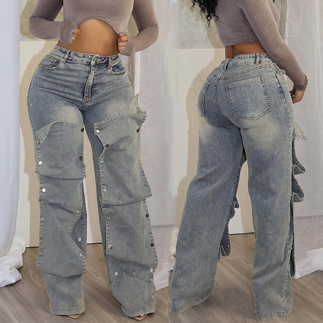 New Fashion Street Wear Detachable Patchwork Buckle High Rise Jeans Retro Casual Cargo Denim