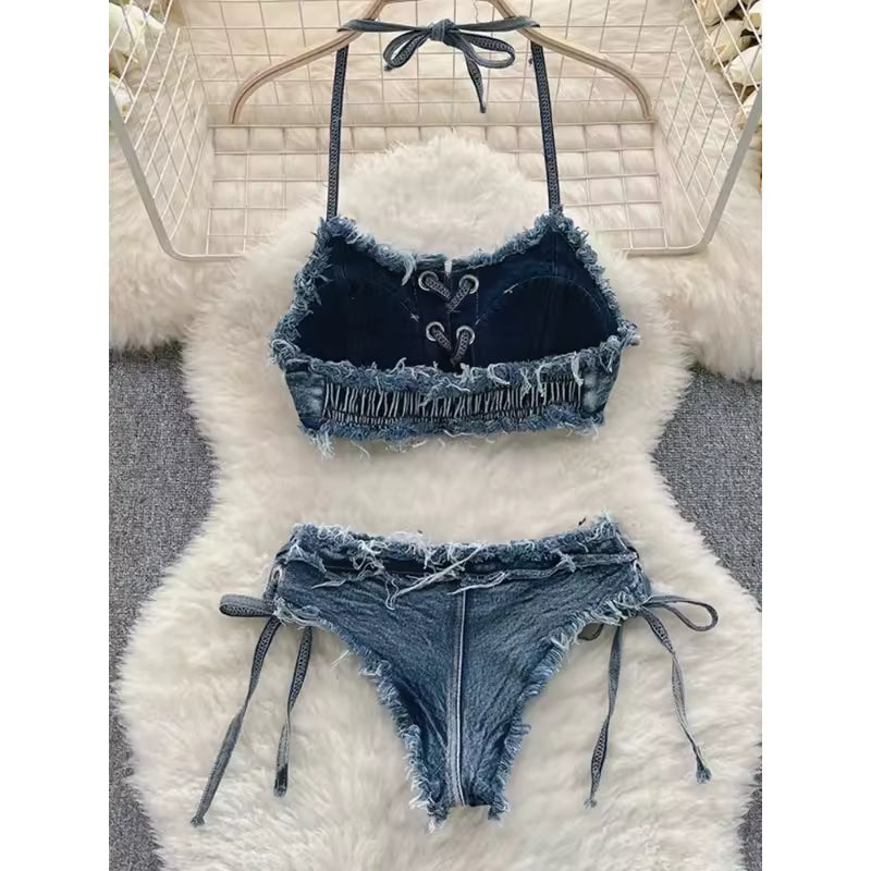 Women Denim Vintage Two-pieces Swimwear