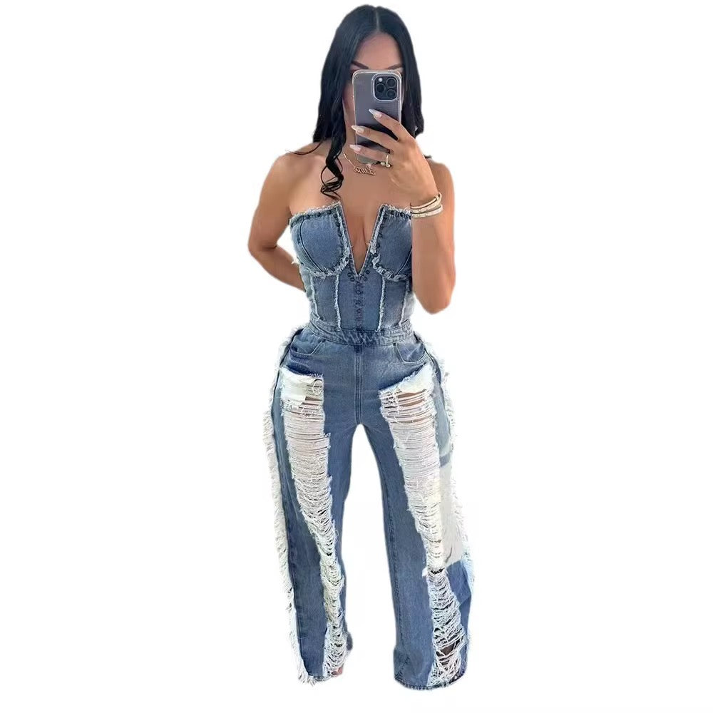 Jessica ripped denim romper