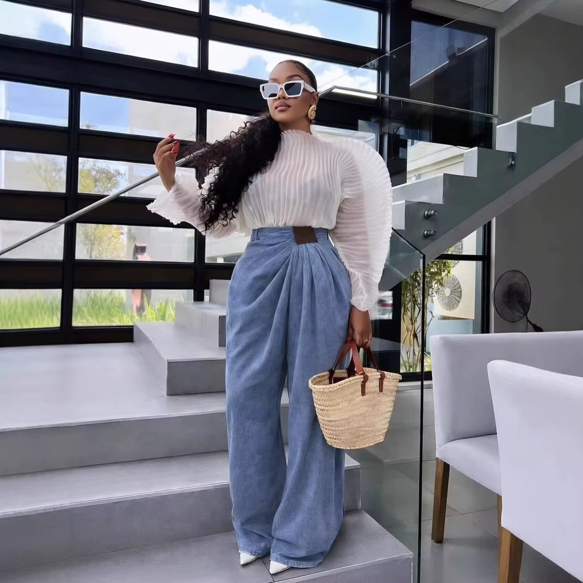 Streetwear loose high waist wide leg jeans