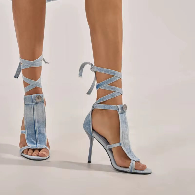 Denim Stiletto wrap around high heels