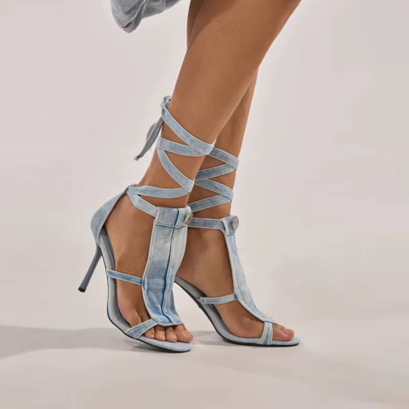 Denim Stiletto wrap around high heels