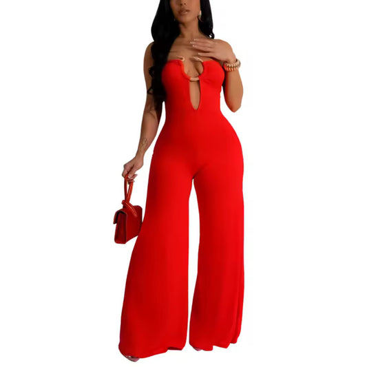 Women Wide Leg Deep V-Neck Sleeveless Jumpsuits