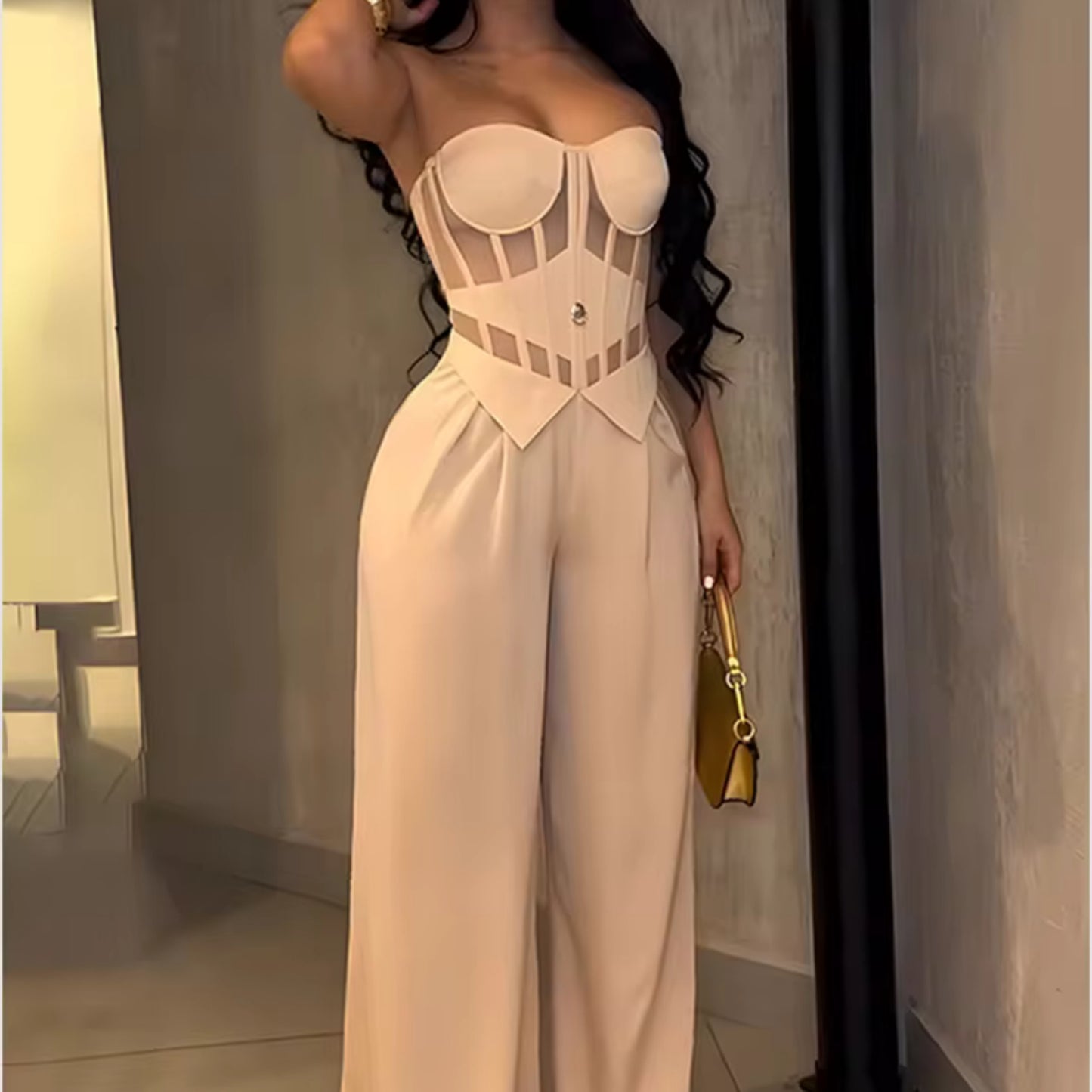 Strapless Corset Jumpsuit Bodysuit with Sheer Mesh Panel High-Waisted Wide-Leg Pants