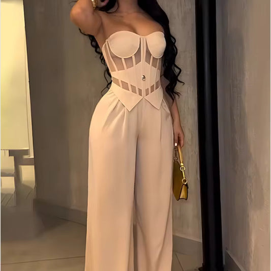 Strapless Corset Jumpsuit Bodysuit with Sheer Mesh Panel High-Waisted Wide-Leg Pants