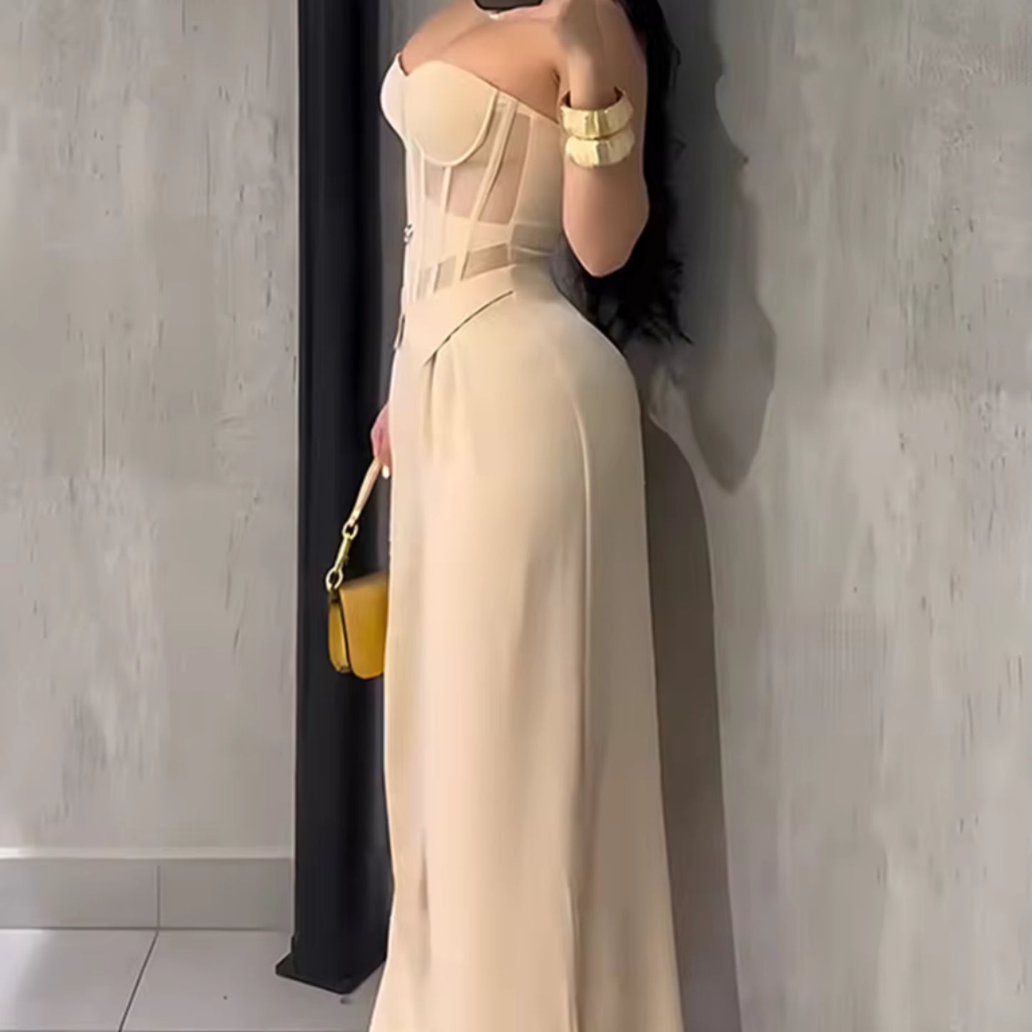 Strapless Corset Jumpsuit Bodysuit with Sheer Mesh Panel High-Waisted Wide-Leg Pants