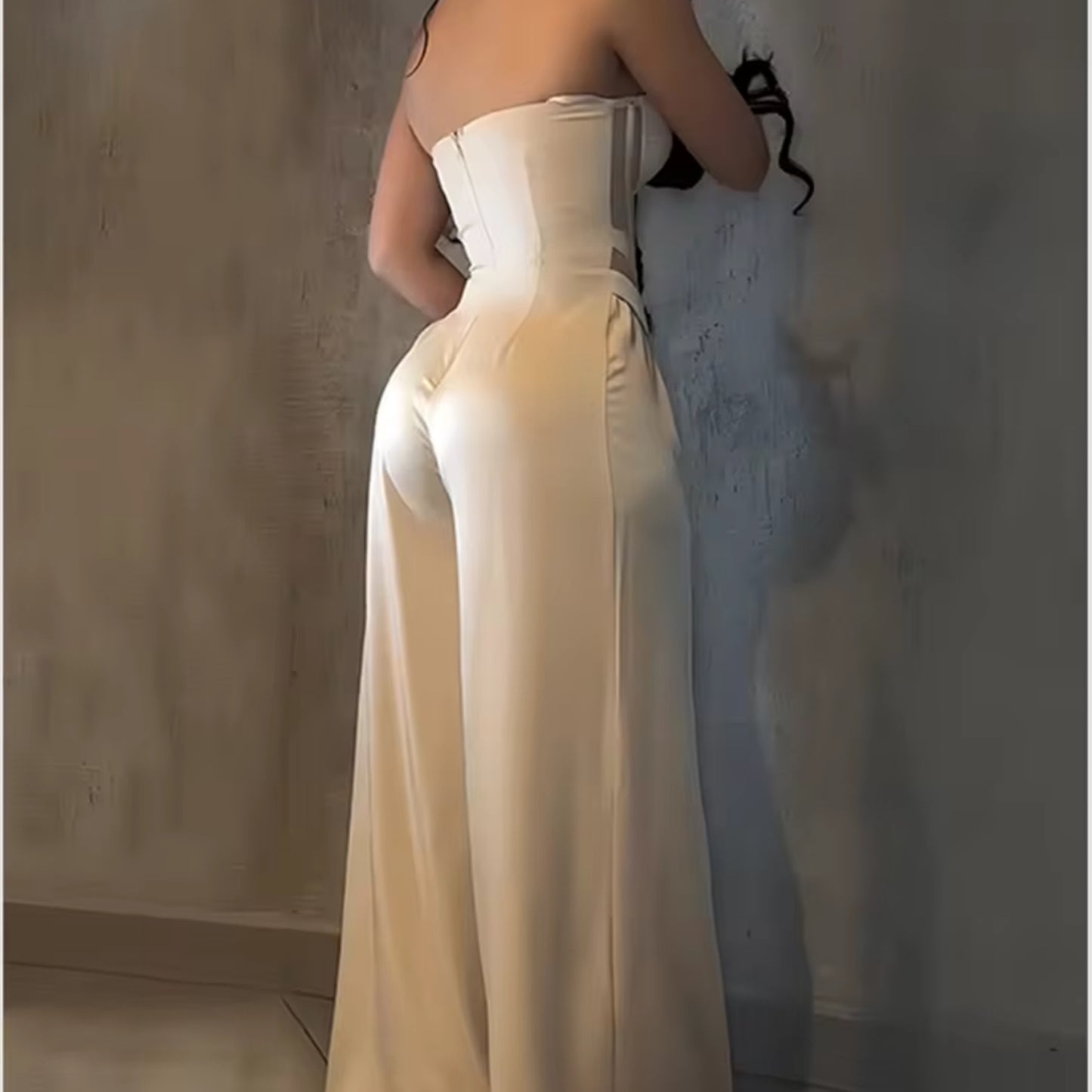 Strapless Corset Jumpsuit Bodysuit with Sheer Mesh Panel High-Waisted Wide-Leg Pants