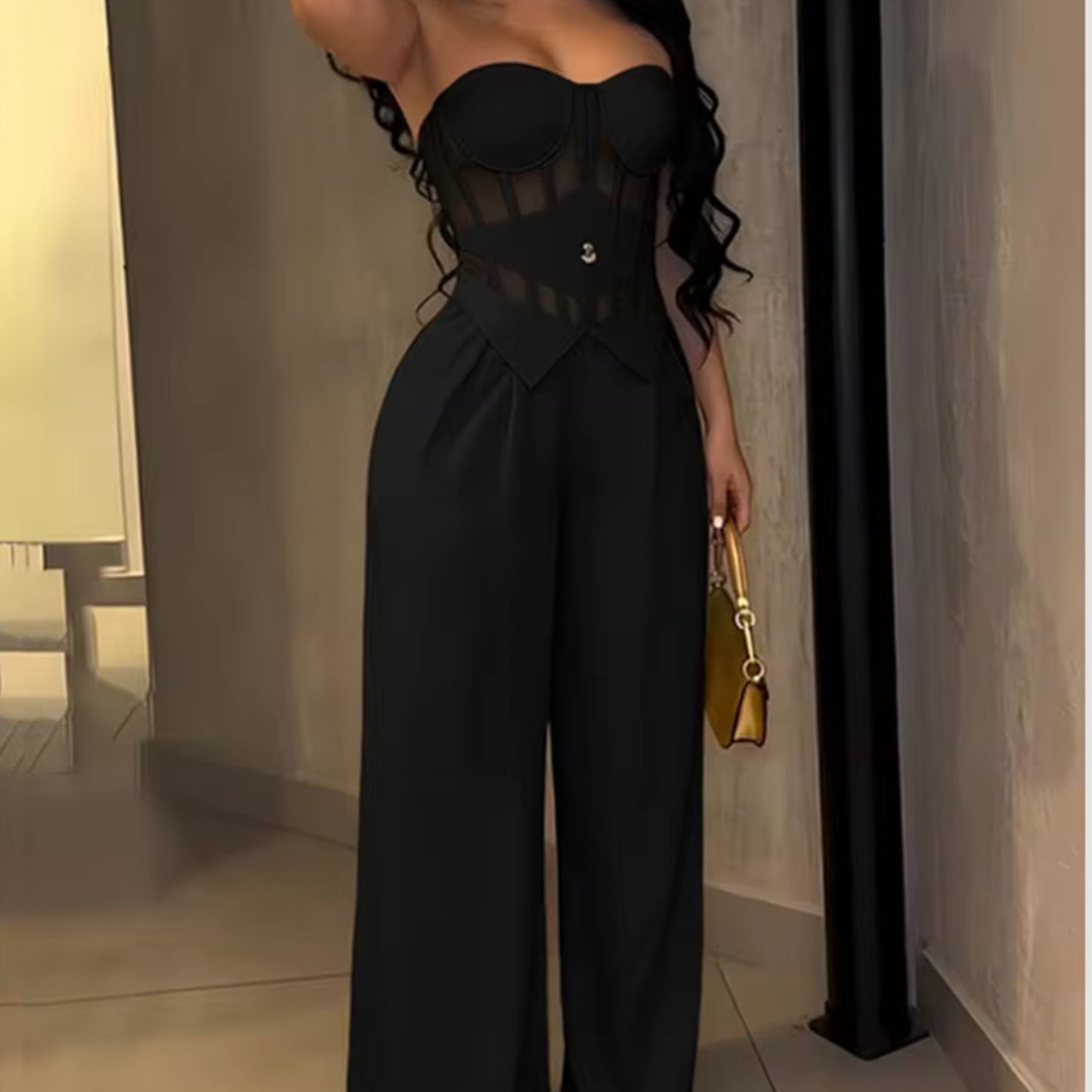 Strapless Corset Jumpsuit Bodysuit with Sheer Mesh Panel High-Waisted Wide-Leg Pants