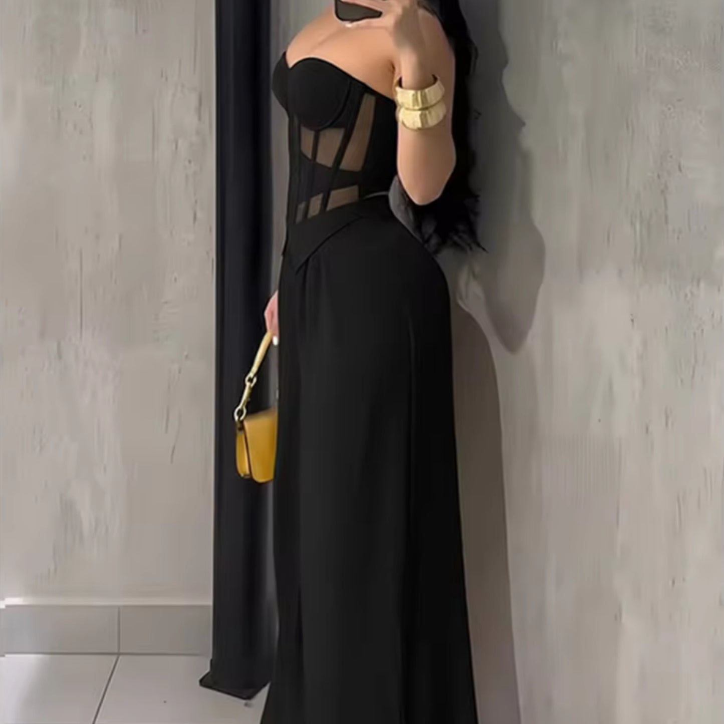 Strapless Corset Jumpsuit Bodysuit with Sheer Mesh Panel High-Waisted Wide-Leg Pants