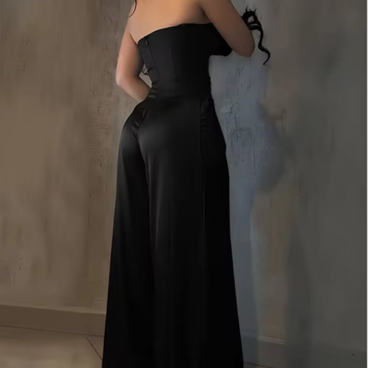 Strapless Corset Jumpsuit Bodysuit with Sheer Mesh Panel High-Waisted Wide-Leg Pants