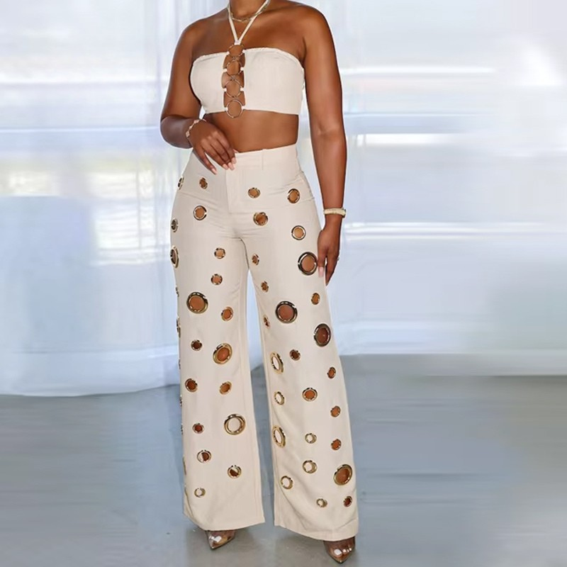 Sexy Street Wear Halter Sleeveless Hollow Tank Top and Unique Ring Pant 2 Piece Set