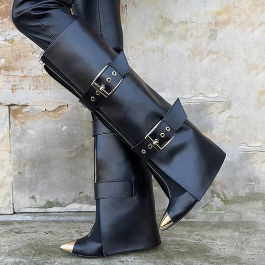Women's Metal Pointed Toe Knee High Boots Ladies Buckles High Heels Overlay Shoes Front Zipper Pants Long Booties