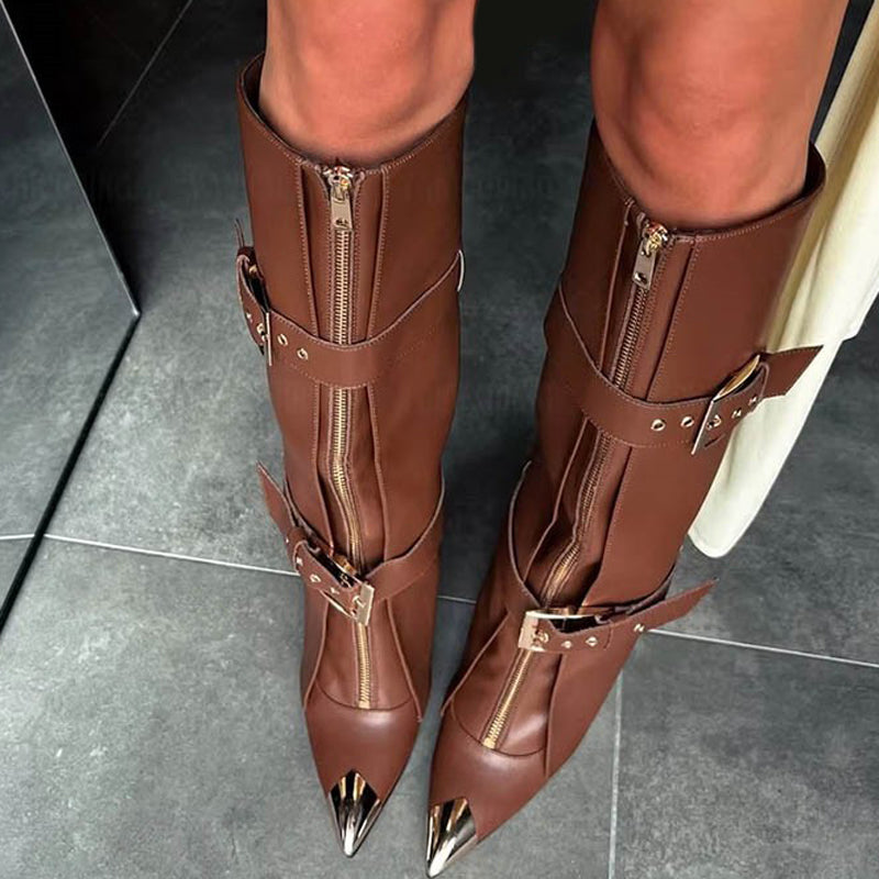 Women's Metal Pointed Toe Knee High Boots Ladies Buckles High Heels Overlay Shoes Front Zipper Pants Long Booties