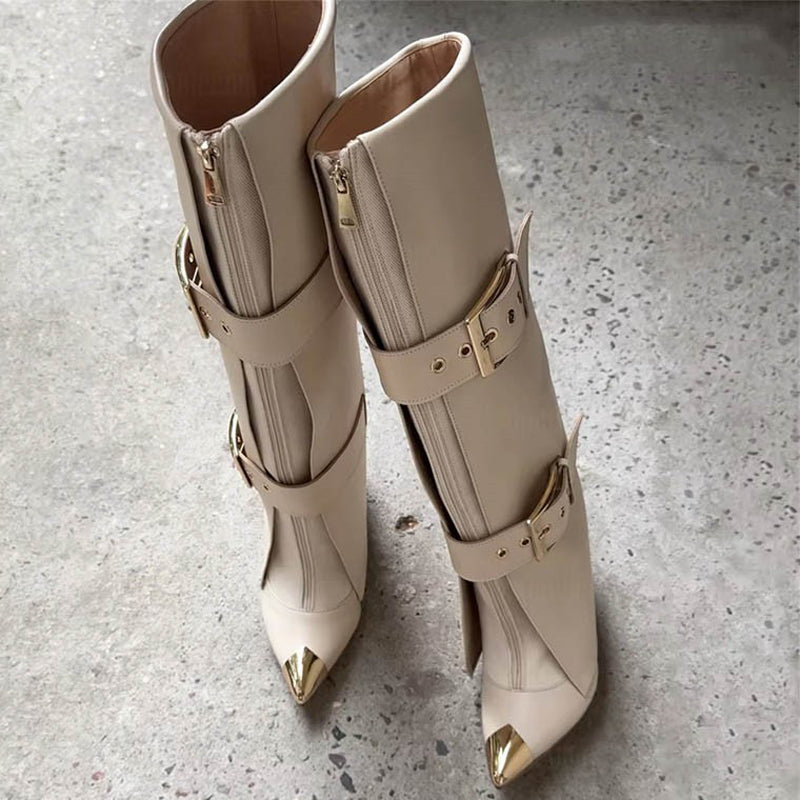Women's Metal Pointed Toe Knee High Boots Ladies Buckles High Heels Overlay Shoes Front Zipper Pants Long Booties