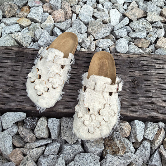 Hollow Out Ladies Clog Shoes Pattern Round Toe Suede Leather Slip On Women Flat Mules Shoes