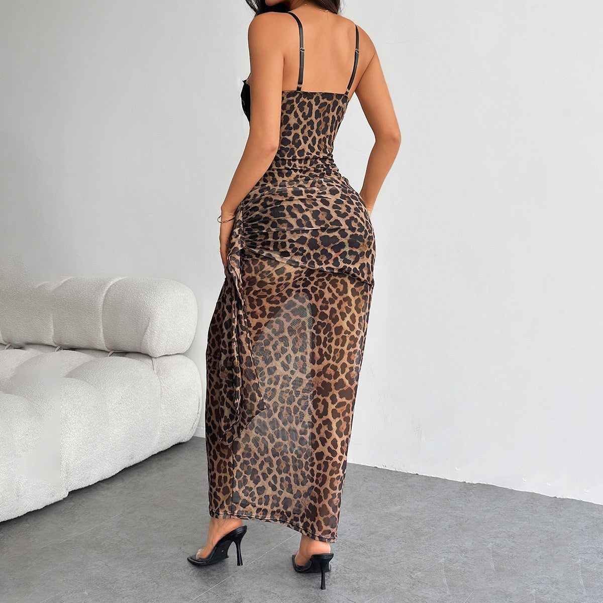 Elegant Summer Spaghetti Strap Sleeveless Leopard Print Party Dress