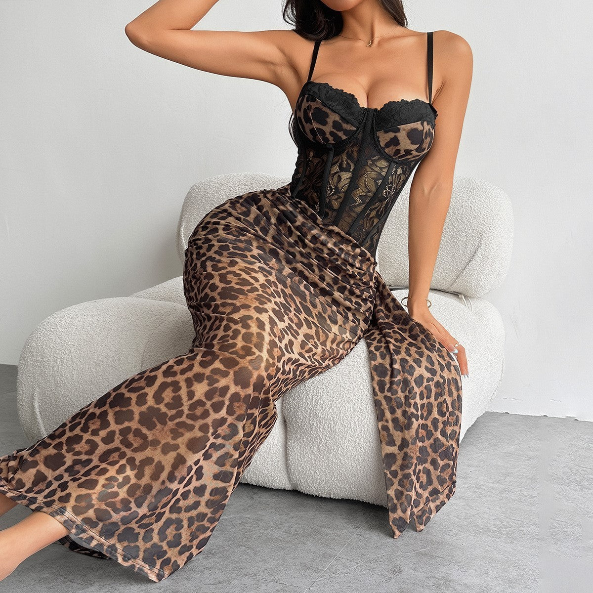 Elegant Summer Spaghetti Strap Sleeveless Leopard Print Party Dress
