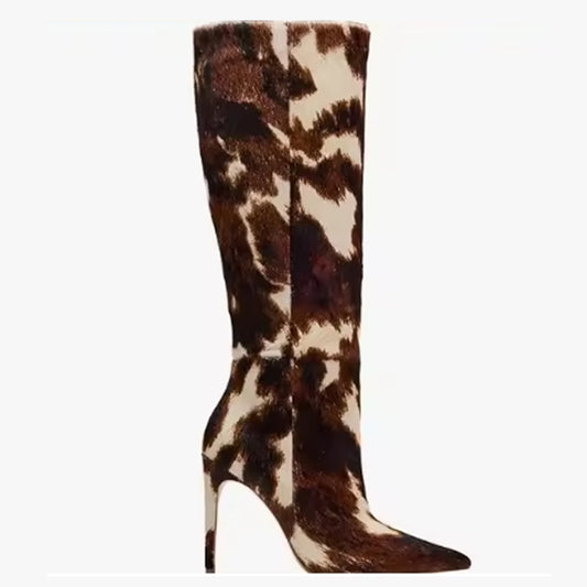Women's Western Knee-High Boots Pointed Toe Stiletto Heels Animal Prints Faux Fur
