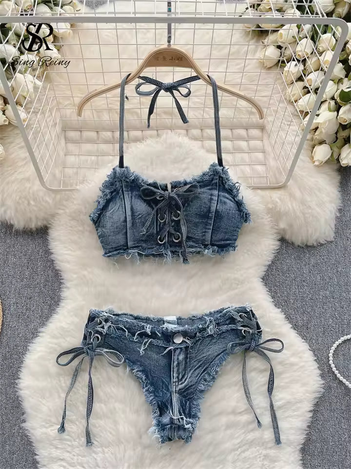 Women Denim Vintage Two-pieces Swimwear
