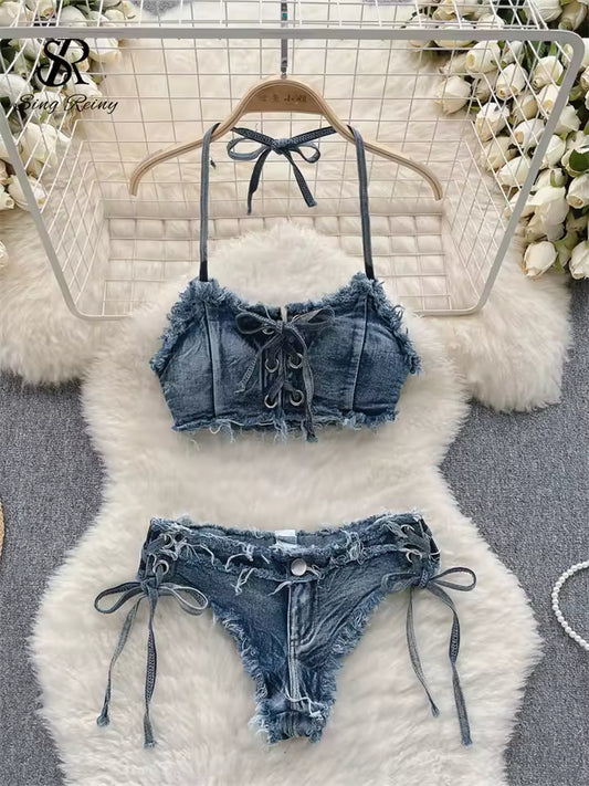 Women Denim Vintage Two-pieces Swimwear