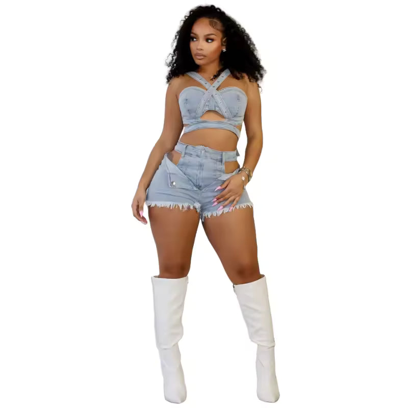 Fashion Denim Cutout Women's Set Wrap Strap Crop Top and Shorts Jeans 2pcs set