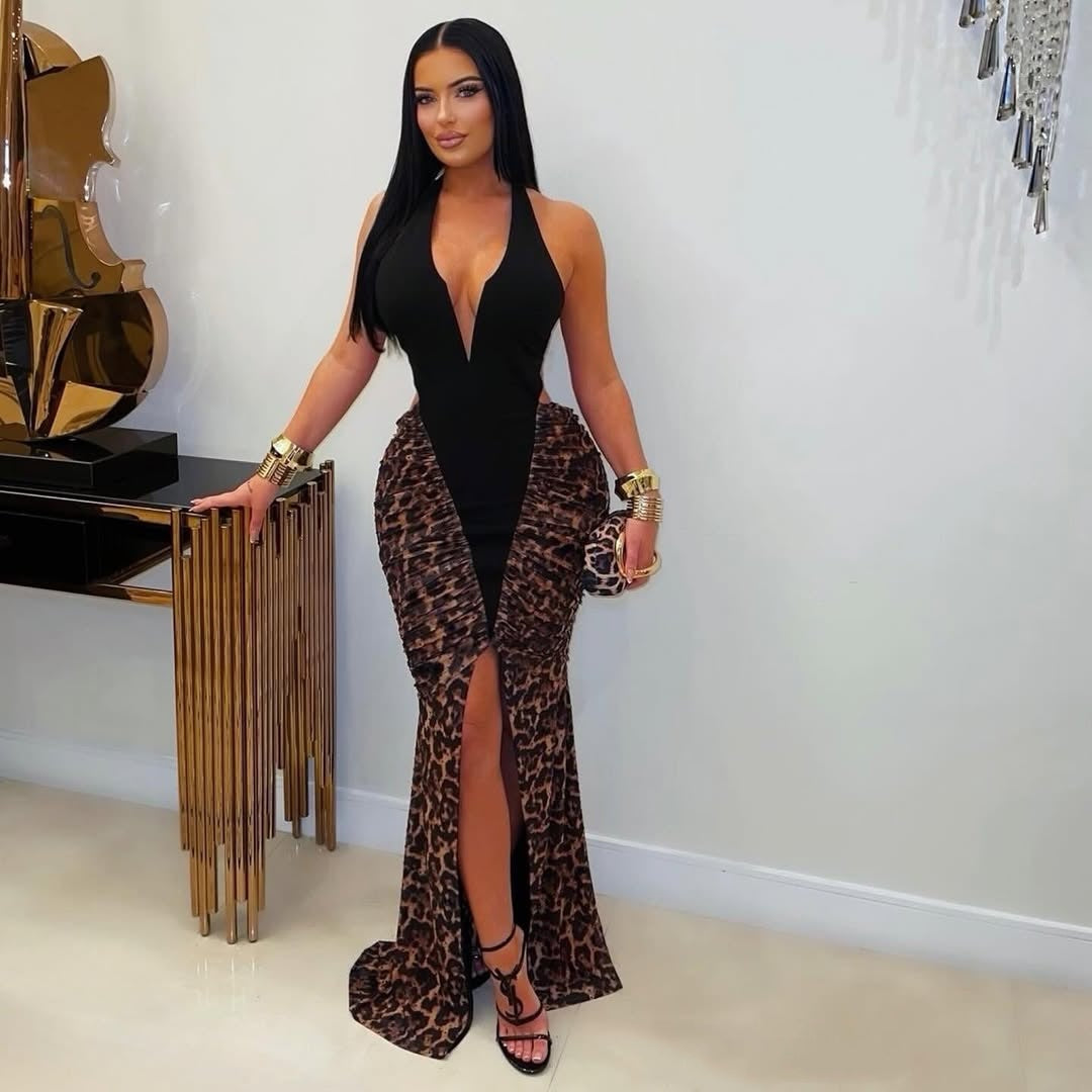 New Maxi Deep V-neck Halter Sleeveless Slit Leopard Print Cutout Patchwork Dress