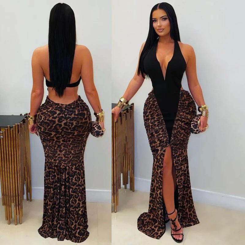 New Maxi Deep V-neck Halter Sleeveless Slit Leopard Print Cutout Patchwork Dress