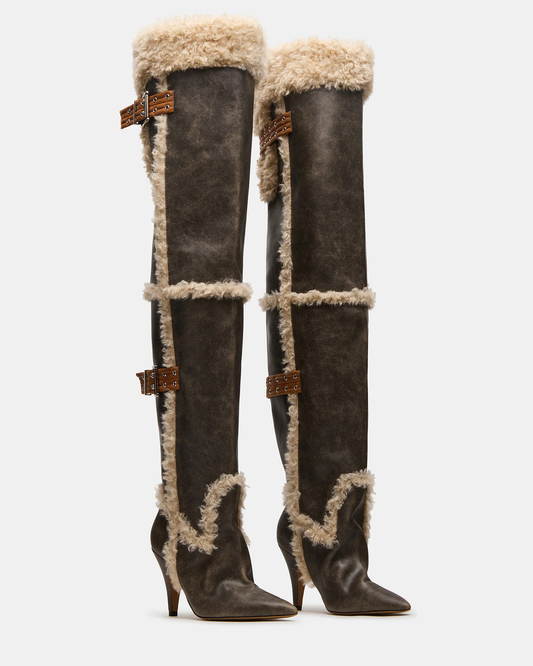 Luxury Faux Fur Lined Women Knee High Boots Fashion Winter Warm Lady Heels Rubber Sole Fur Boots
