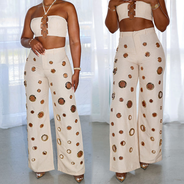 Sexy Street Wear Halter Sleeveless Hollow Tank Top and Unique Ring Pant 2 Piece Set