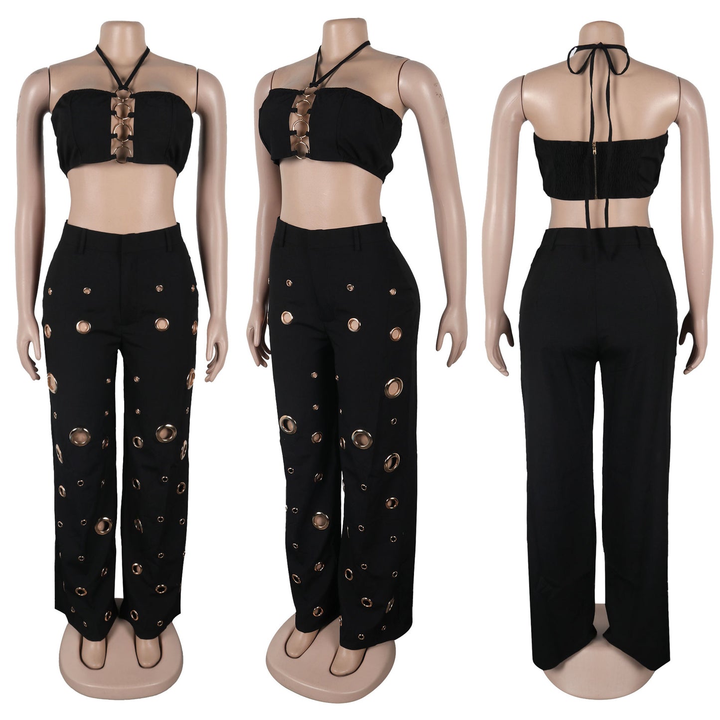 Sexy Street Wear Halter Sleeveless Hollow Tank Top and Unique Ring Pant 2 Piece Set
