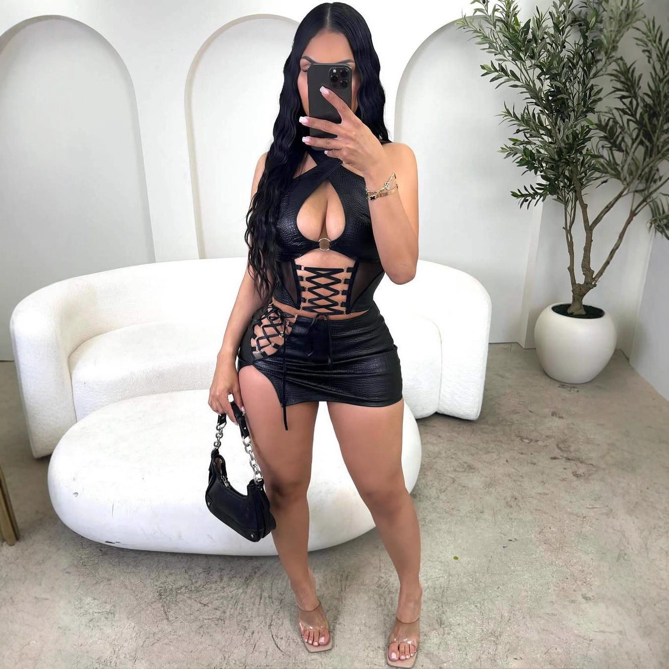 Leather Skirt Halter Sleeveless Two Piece set