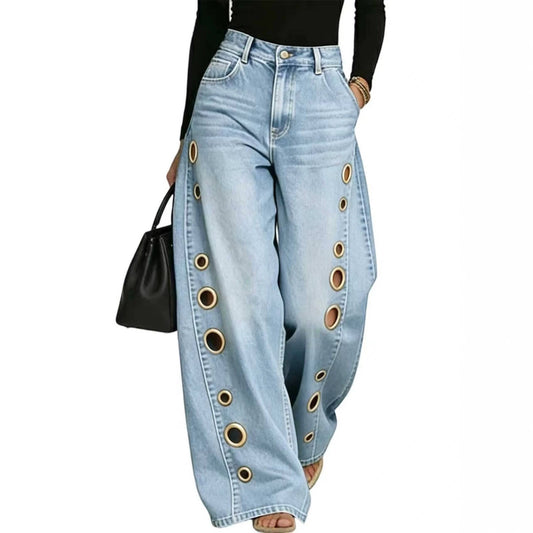 Solid-Color Loose Metal Eyelets Style Medium Wash Denim Jeans Pants