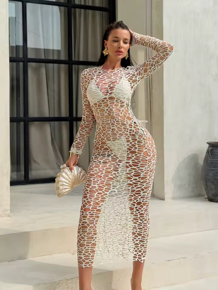 Mesh Long Sleeve Dress 3 Piece Bikini Set